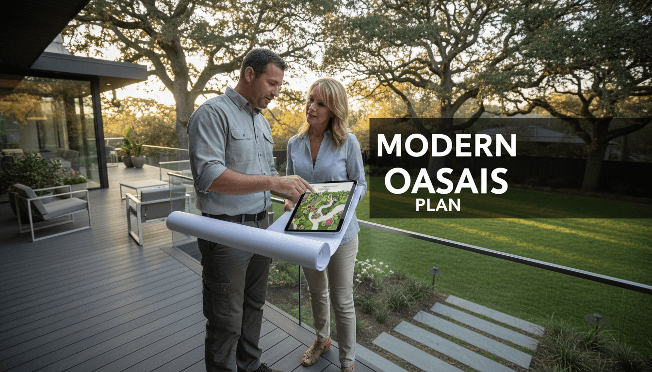 Professional consultation between landscaper and homeowner in finished outdoor space