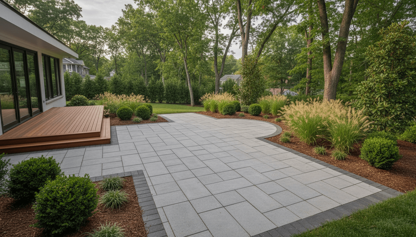Professional landscaper installing interlocking stone patio in a residential backyard with clean modern design