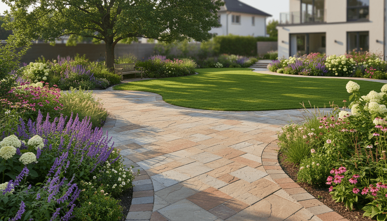 Finished backyard with interlocking stonework and landscaping