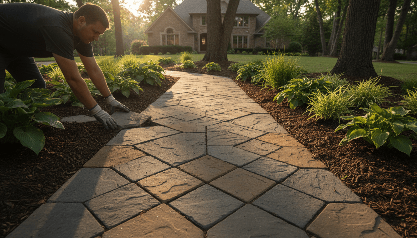 Landscaper designing and building modern outdoor space with interlocking stonework