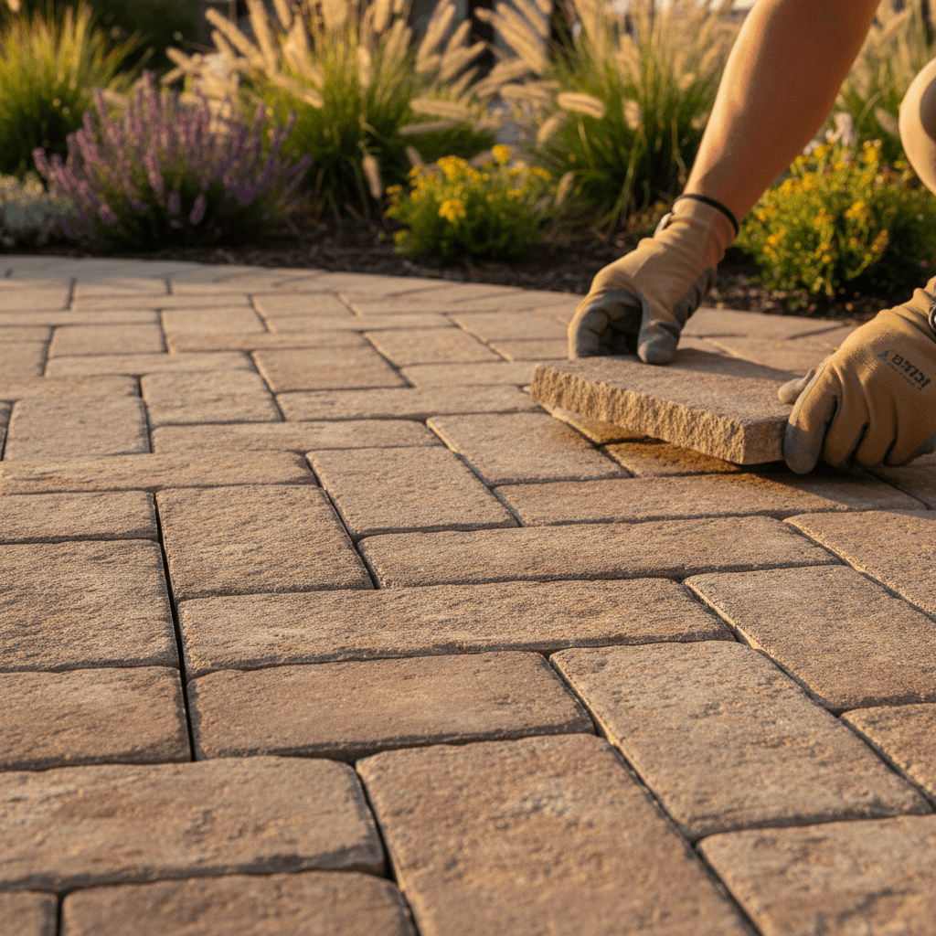 Interlocking stone patio installation