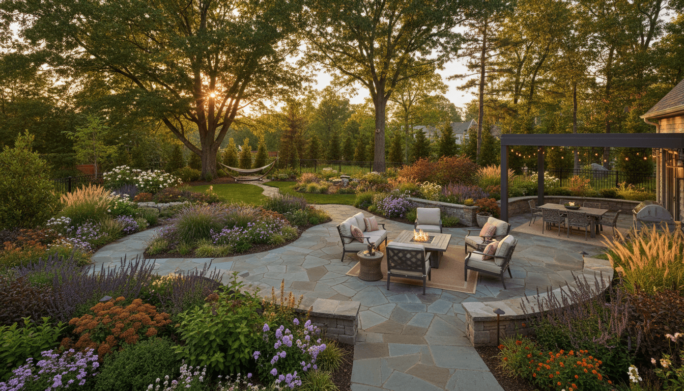 Full yard renovation showcasing fence installation, stonework, and professional landscape design