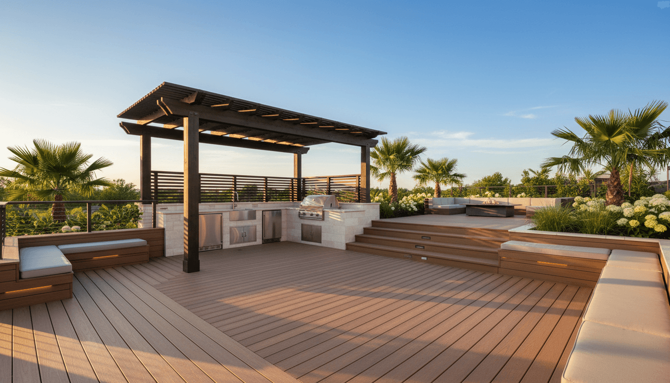 Completed outdoor deck and landscaping project showcasing professional construction work