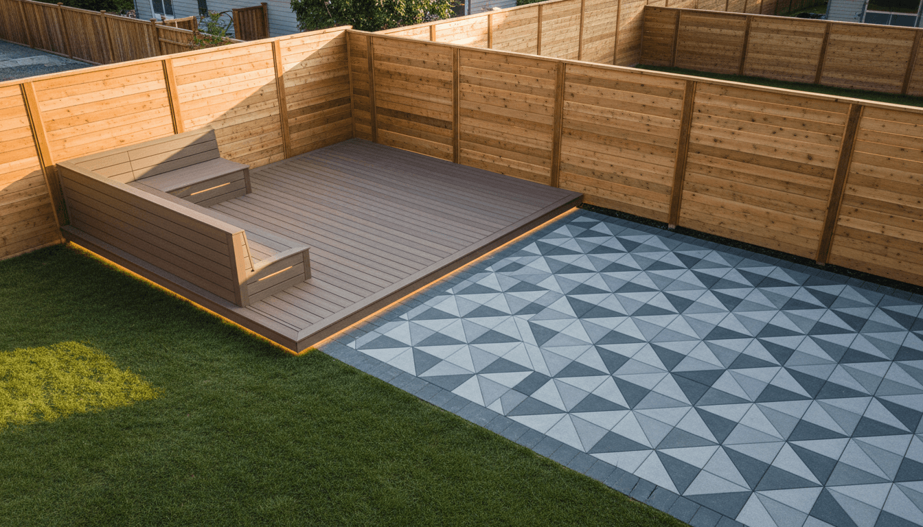 Professional landscaper installing custom interlocking stonework in modern residential outdoor space